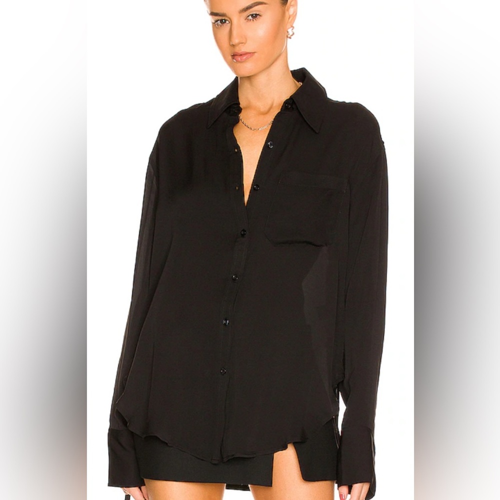 L’Acadamie Silky Black Collared Button Down Shirt Long‎ Sleeved Size Small